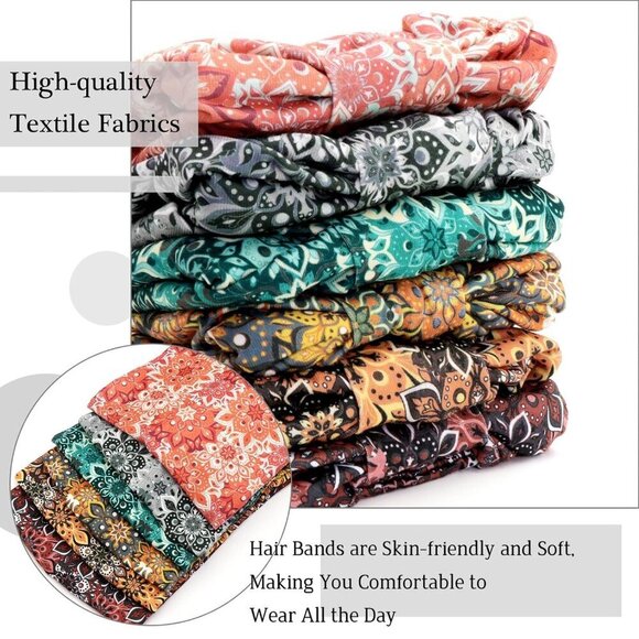 6 Pack Boho Flower Print Wide Knotted Headbands for Women Yoga Workout main image 6